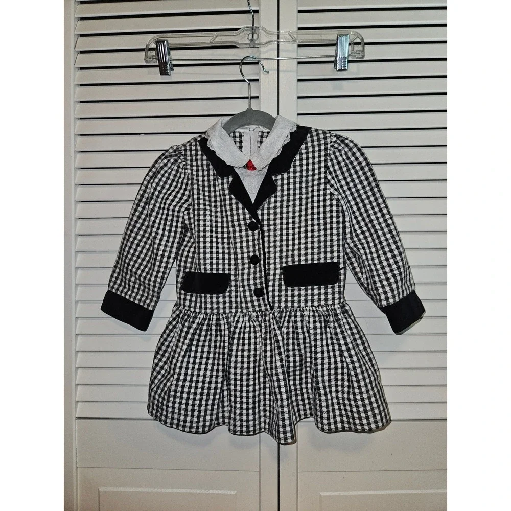 Vintage Toddler Girls Gingham Dress Black White Velvet Trim Lace Collar Size 3T